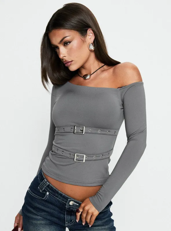 Luisana Buckle Detail One Shoulder Top Dark Grey sold by Princess Polly