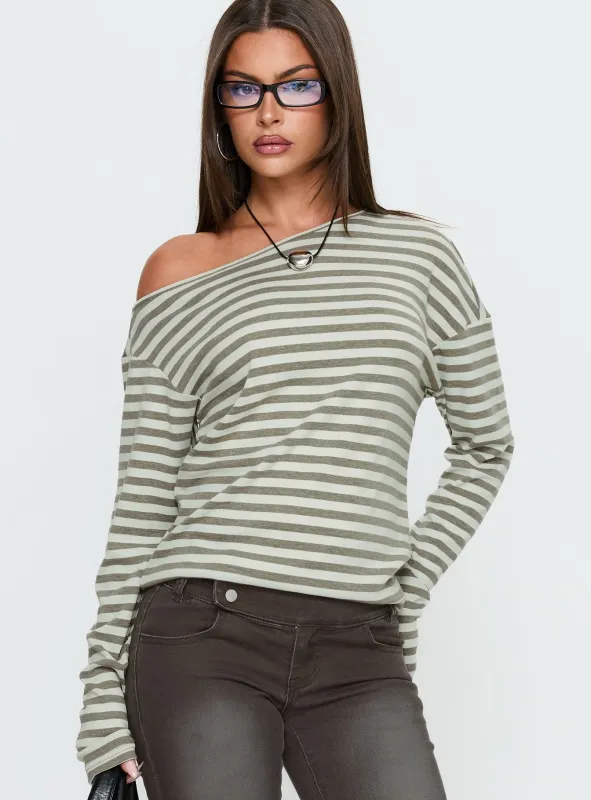 Lenorah Off Shoulder Long Sleeve Top Grey Stripe sold by Princess Polly
