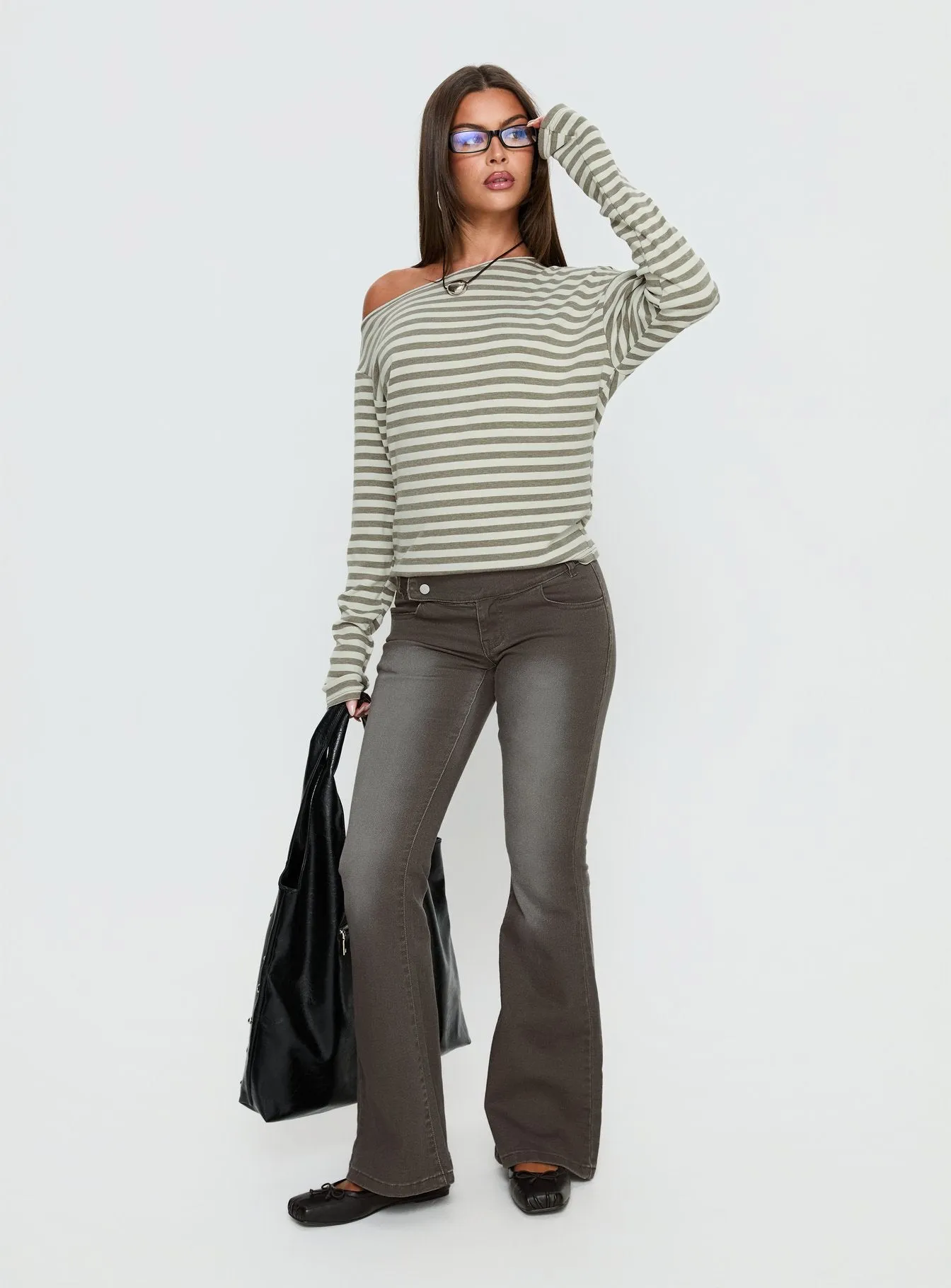 Lenorah Off Shoulder Long Sleeve Top Grey Stripe sold by Princess Polly product image thumbnail 2