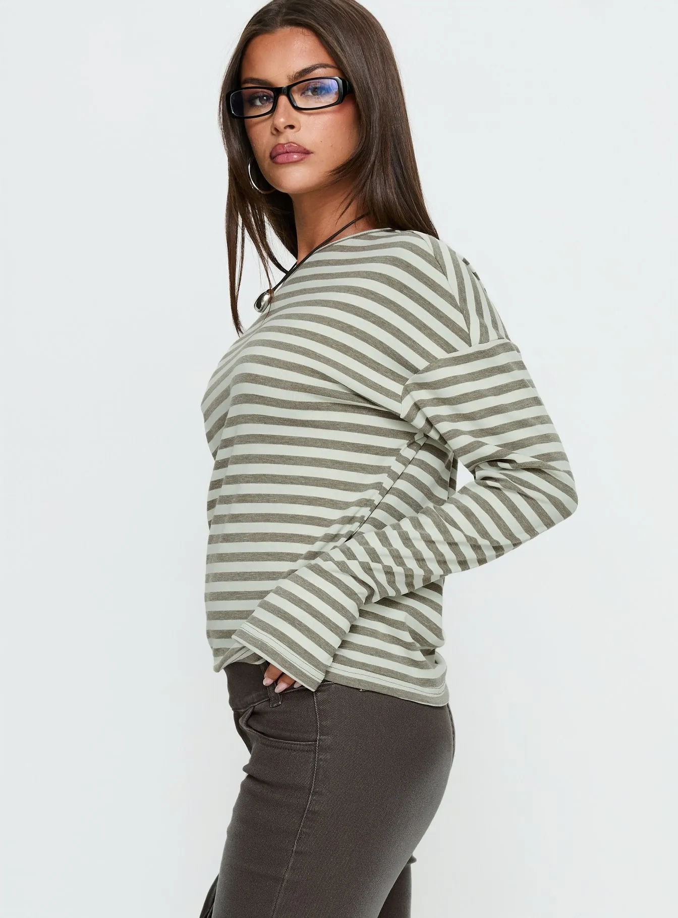 Lenorah Off Shoulder Long Sleeve Top Grey Stripe sold by Princess Polly product image thumbnail 3