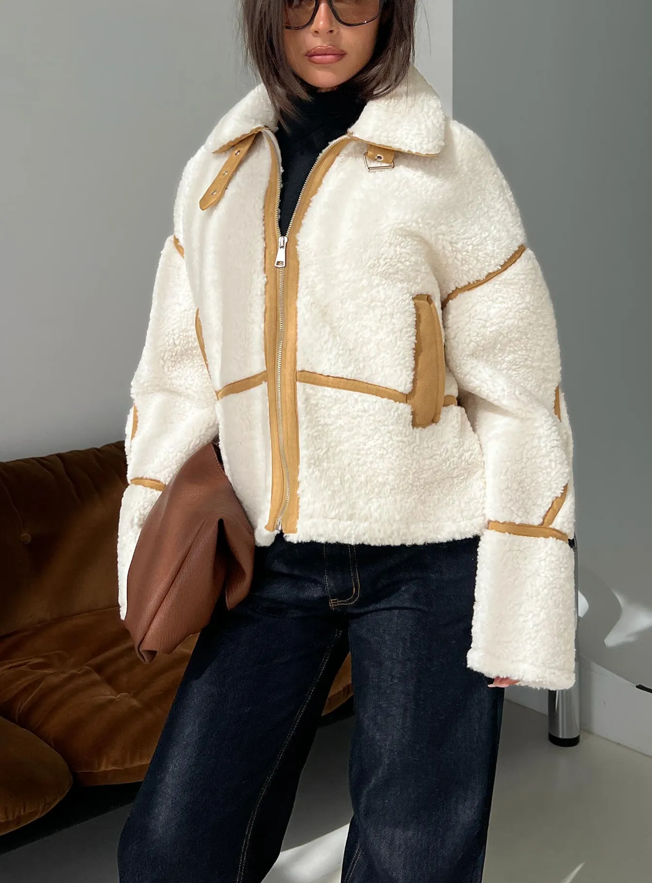Briane Contrast Teddy Jacket White sold by Princess Polly