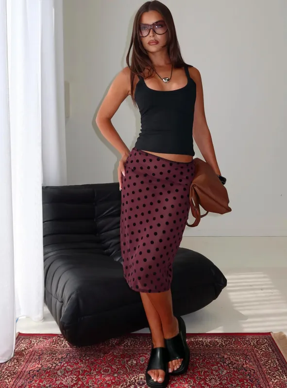 Evani Sheer Chiffon Midi Skirt Polka Maroon sold by Princess Polly