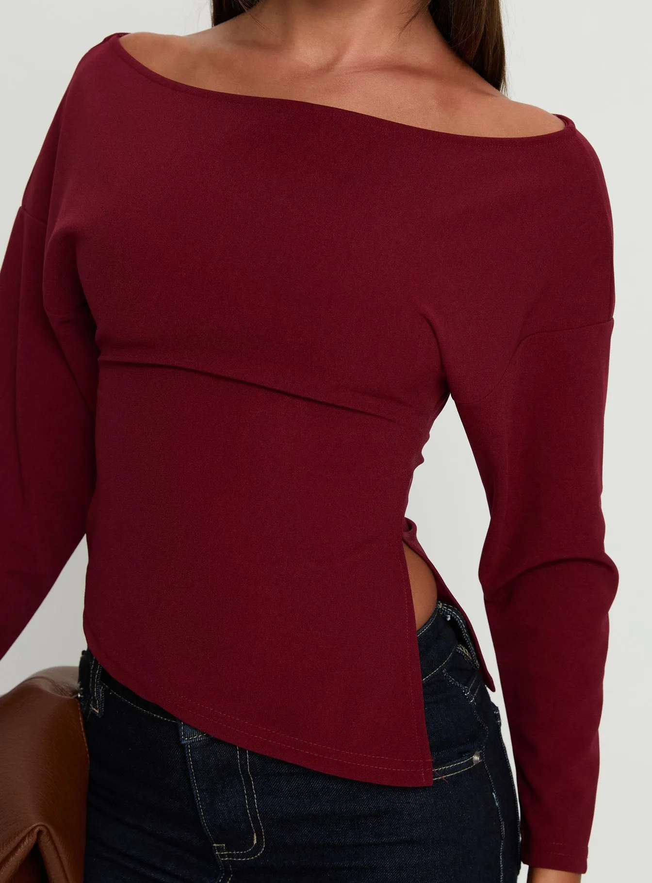 Cieara Off Shoulder Long Sleeve Top Burgundy sold by Princess Polly product image thumbnail 5