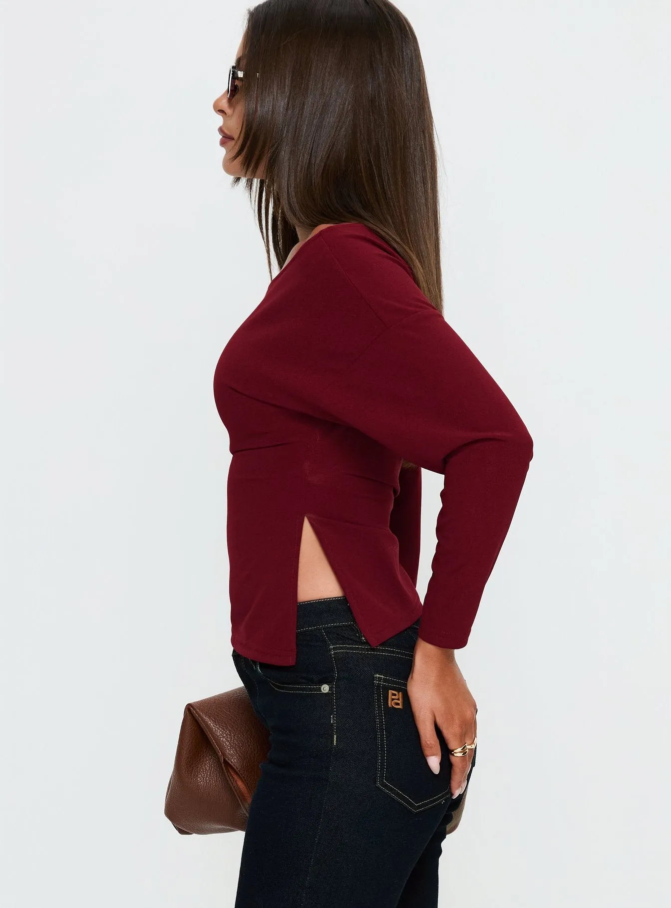 Cieara Off Shoulder Long Sleeve Top Burgundy sold by Princess Polly product image thumbnail 3