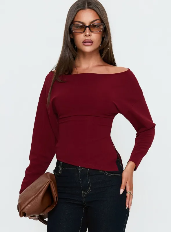 Cieara Off Shoulder Long Sleeve Top Burgundy sold by Princess Polly