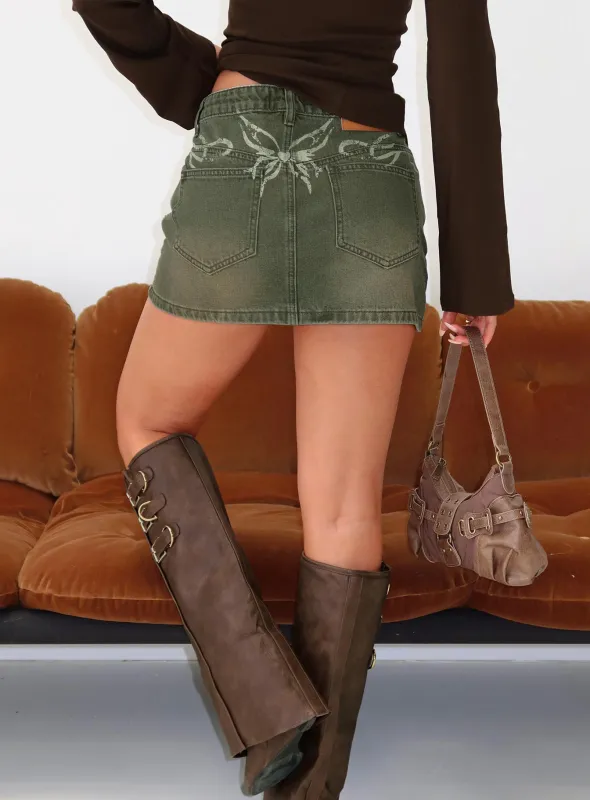 Laynee Butterfly Mini Skirt Washed Green sold by Princess Polly