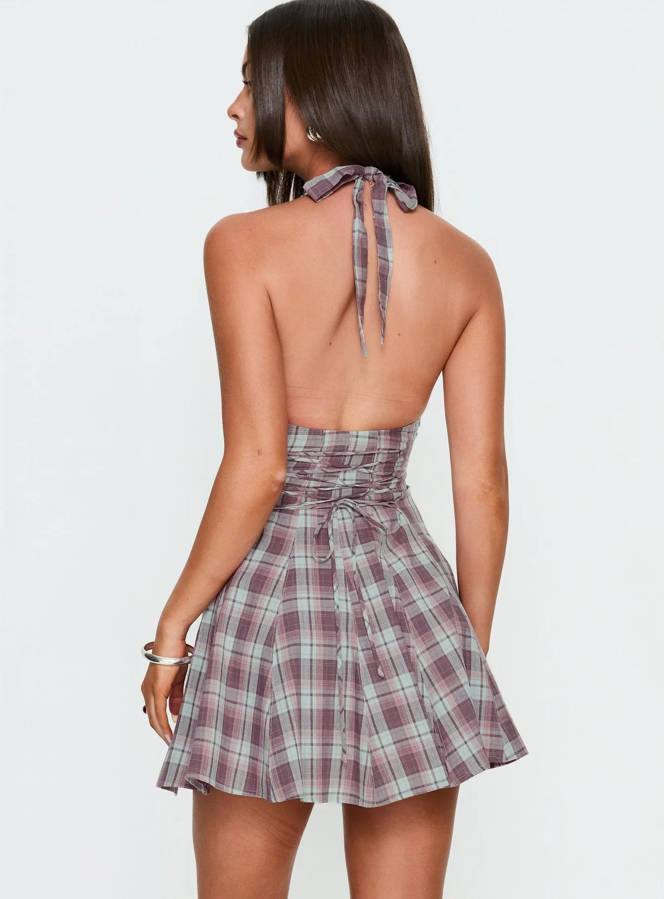 Out Of Nowhere Halter Mini Dress Burgundy / Pink Check sold by Princess Polly product image thumbnail 5