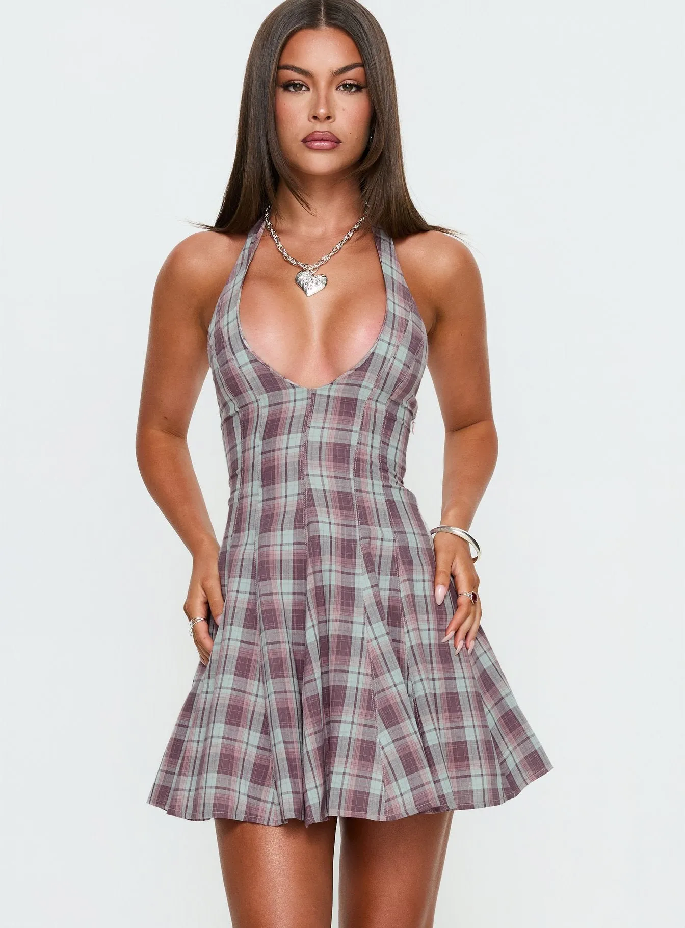 Out Of Nowhere Halter Mini Dress Burgundy / Pink Check sold by Princess Polly product image thumbnail 2