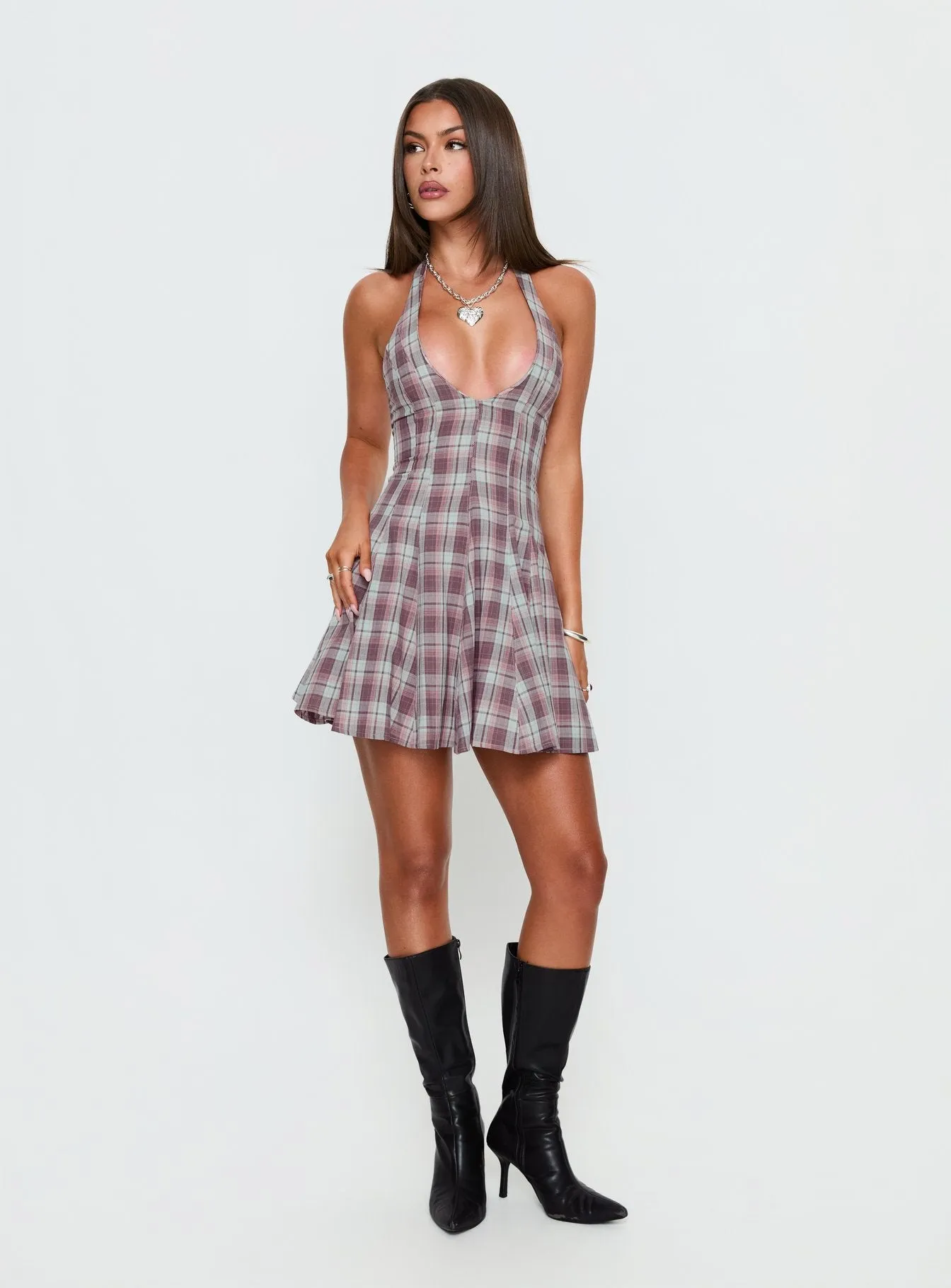 Out Of Nowhere Halter Mini Dress Burgundy / Pink Check sold by Princess Polly product image thumbnail 3