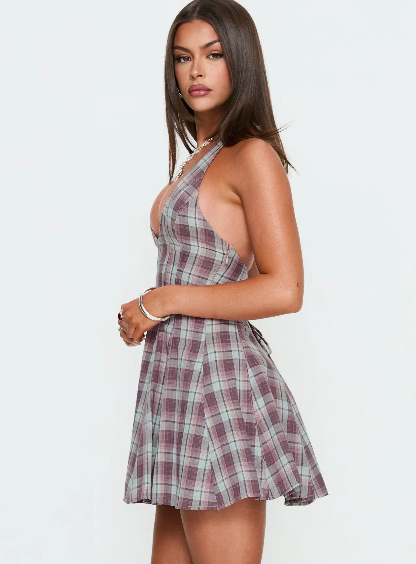 Out Of Nowhere Halter Mini Dress Burgundy / Pink Check sold by Princess Polly product image thumbnail 4