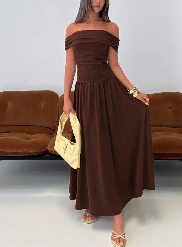 Katalia Off Shoulder Maxi Dress Chocolate Brown sold by Princess Polly
