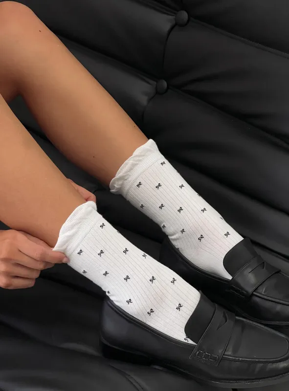 Soffie Frill Detail Bow Socks White sold by Princess Polly