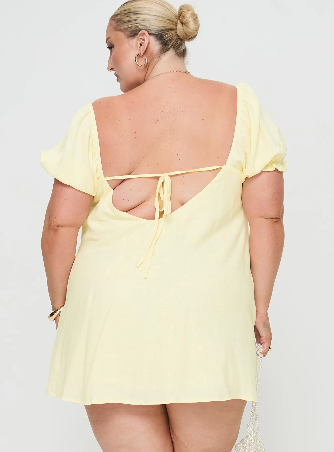 Beyond Linen Blend Mini Dress Yellow Curve sold by Princess Polly product image thumbnail 4