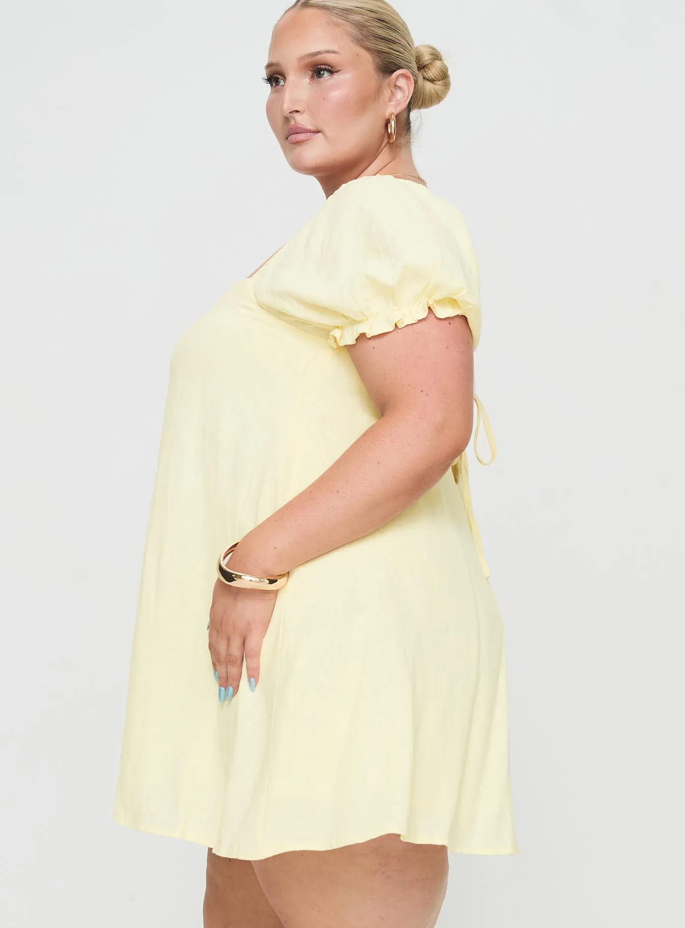 Beyond Linen Blend Mini Dress Yellow Curve sold by Princess Polly product image thumbnail 3