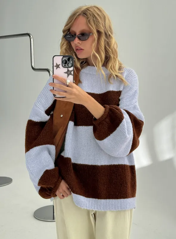 Bastien Crew Neck Knit Sweater Blue / Chocolate Stripe sold by Princess Polly