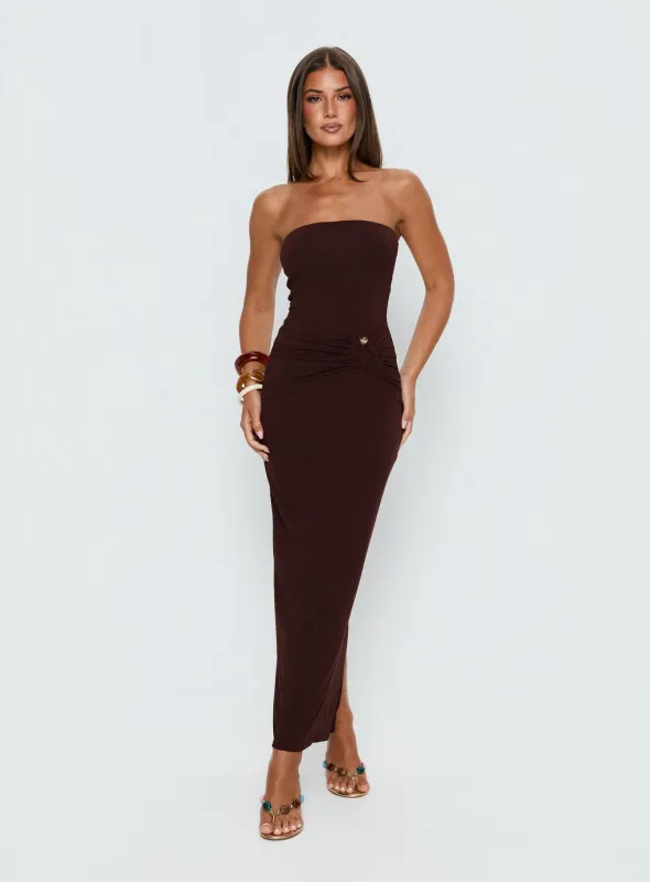 Signature Move Strapless Maxi Dress Chocolate Brown sold by Princess Polly