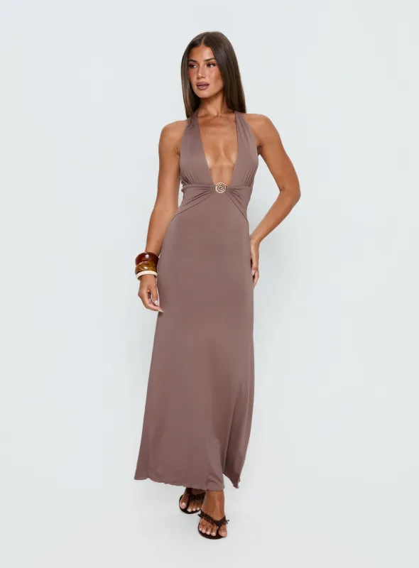 Naysana Halter Ruched Maxi Dress Mocha sold by Princess Polly