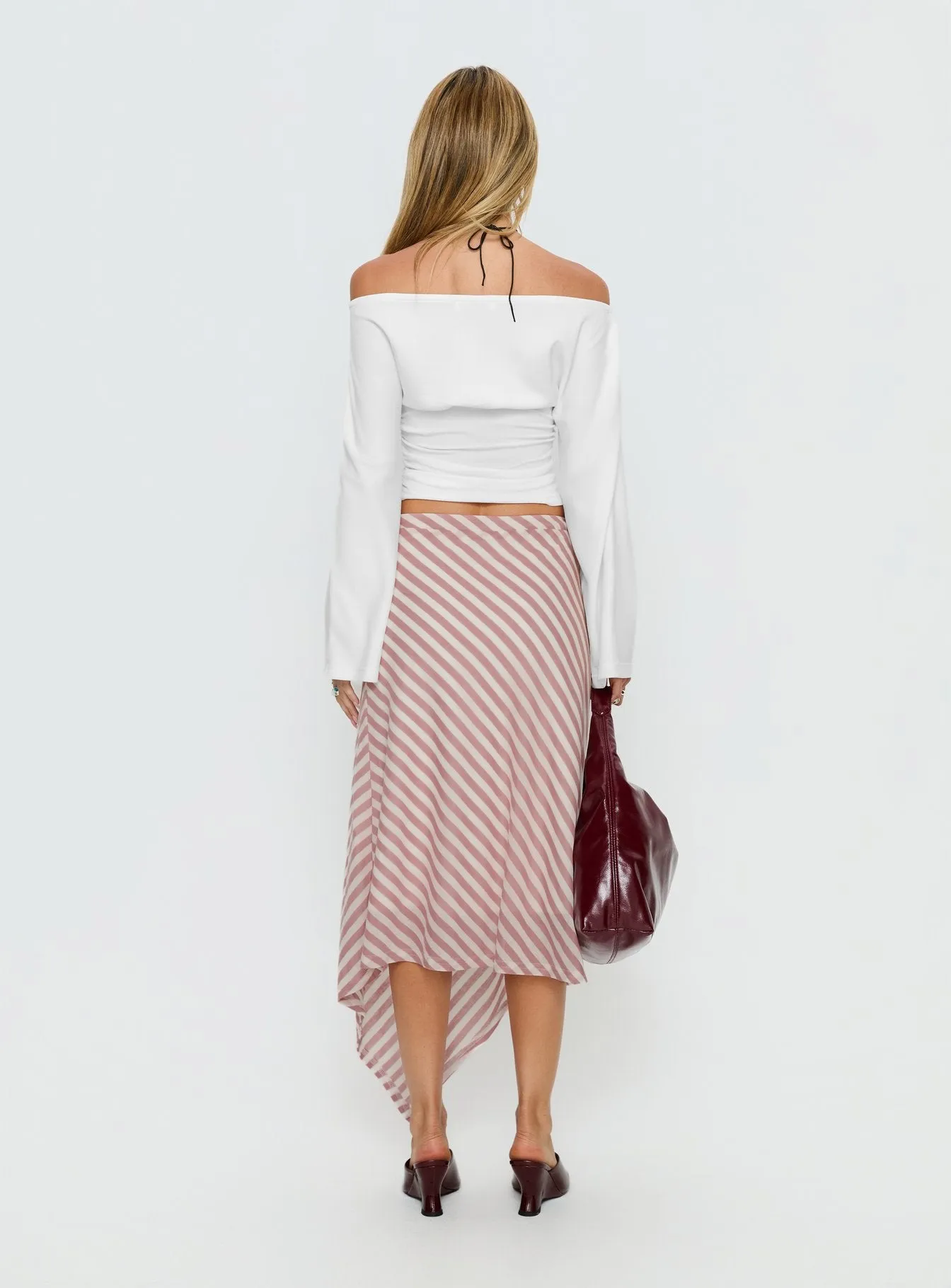 Gwenora Asymmetrical Midi Skirt Pink Stripe sold by Princess Polly product image thumbnail 5