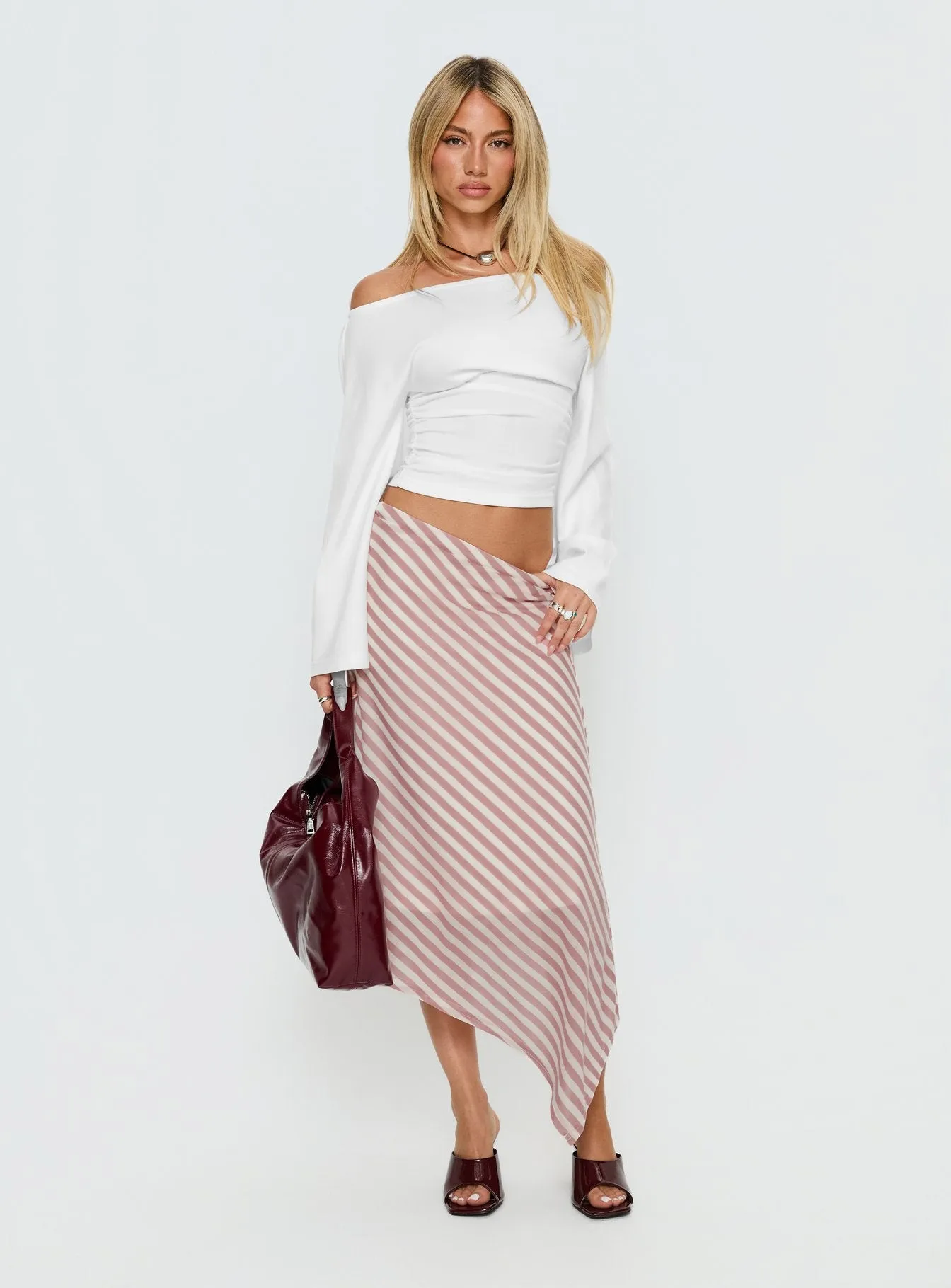 Gwenora Asymmetrical Midi Skirt Pink Stripe sold by Princess Polly product image thumbnail 2