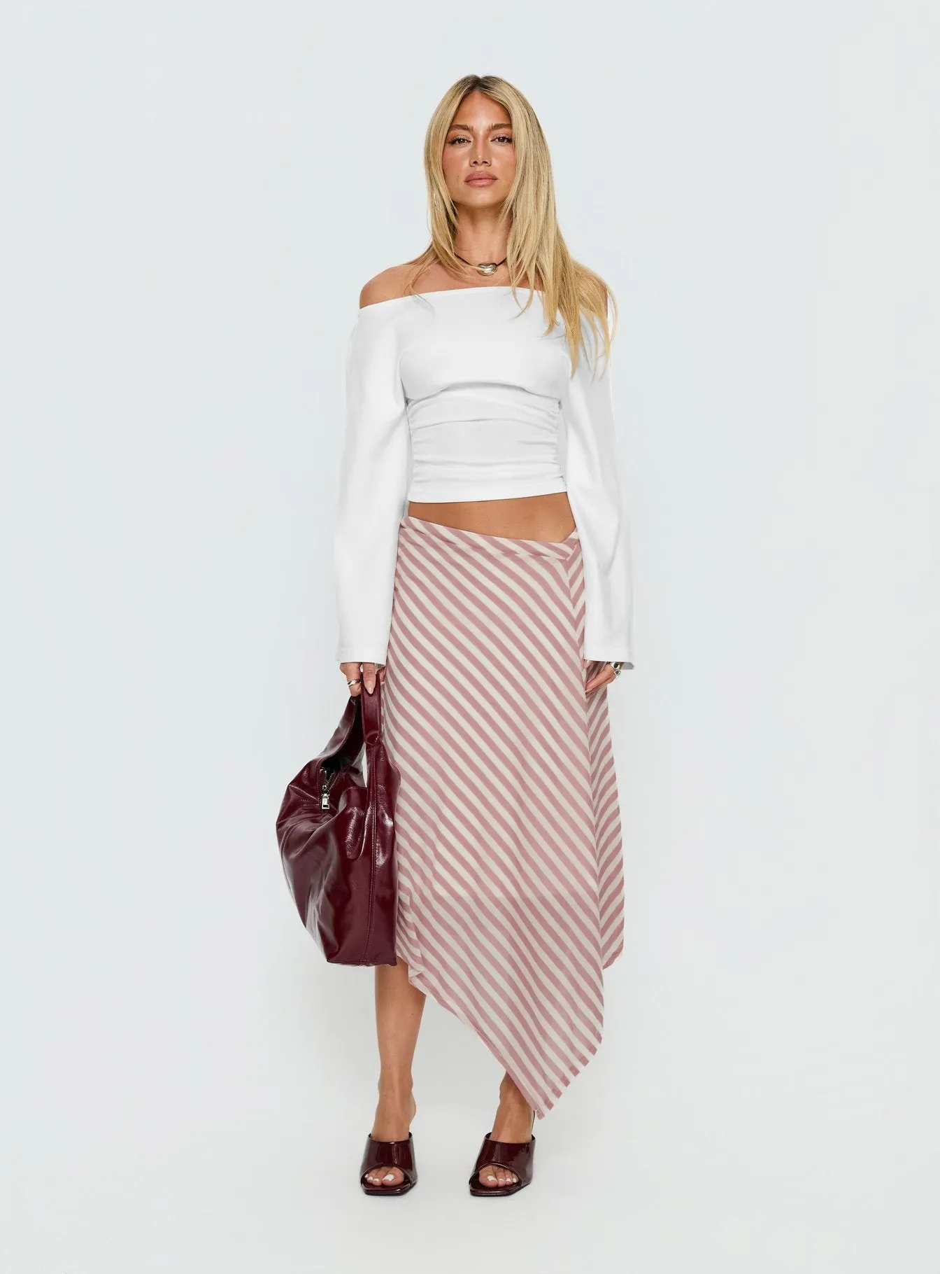 Gwenora Asymmetrical Midi Skirt Pink Stripe sold by Princess Polly product image thumbnail 3