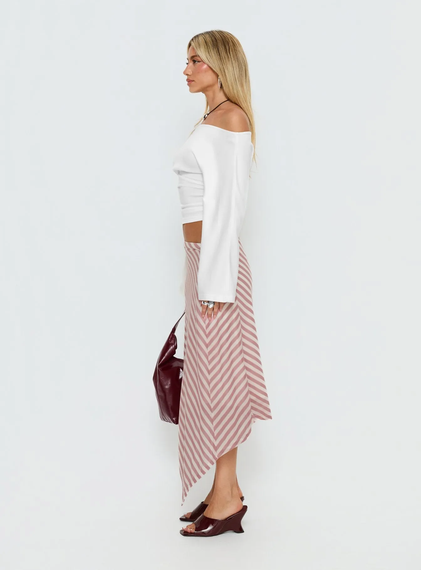 Gwenora Asymmetrical Midi Skirt Pink Stripe sold by Princess Polly product image thumbnail 4