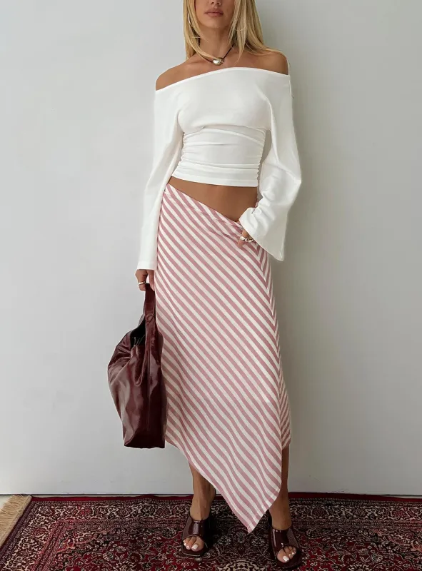 Gwenora Asymmetrical Midi Skirt Pink Stripe sold by Princess Polly