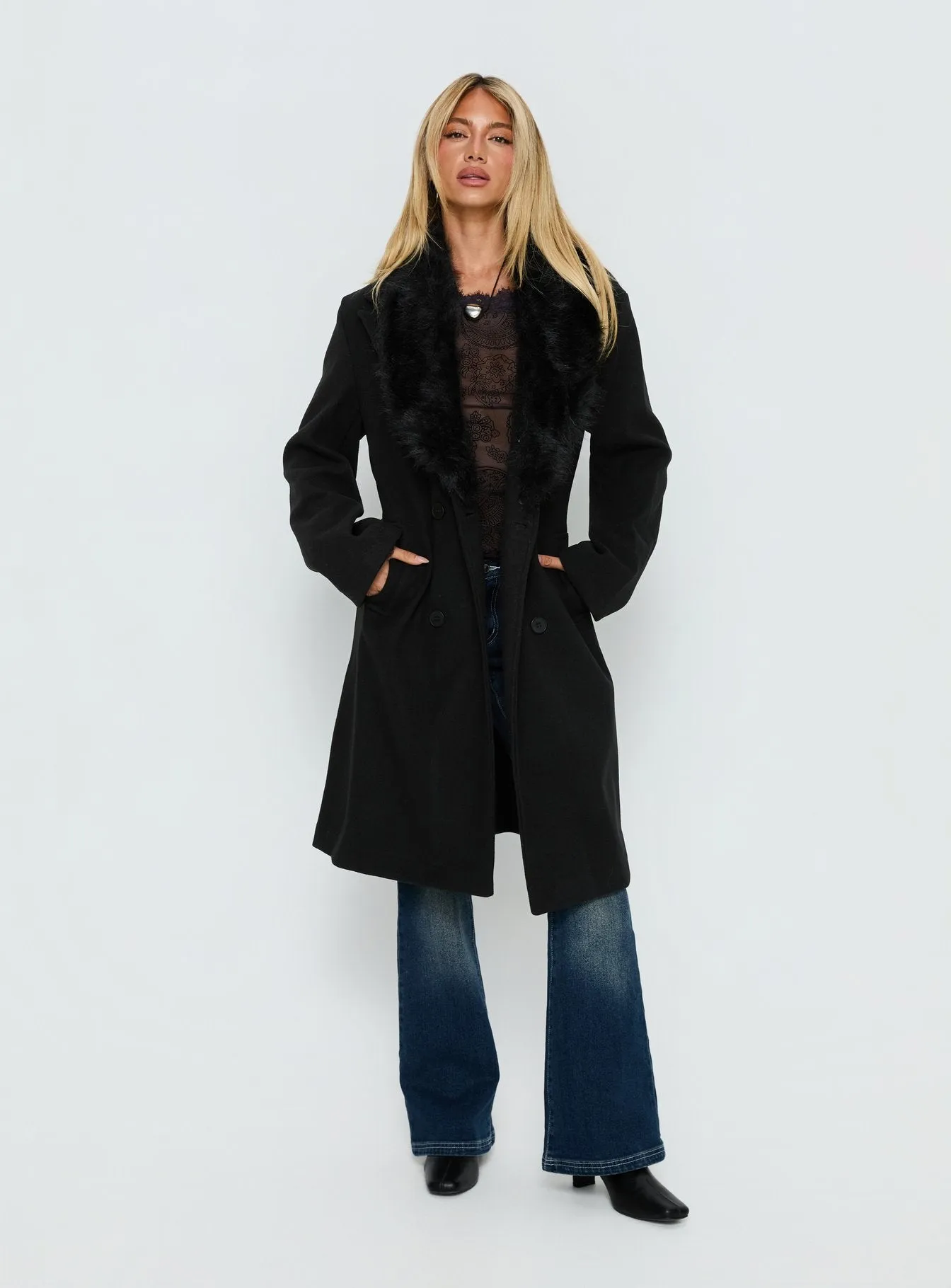 Hallyn Faux Fur Collar Coat Black sold by Princess Polly product image thumbnail 3