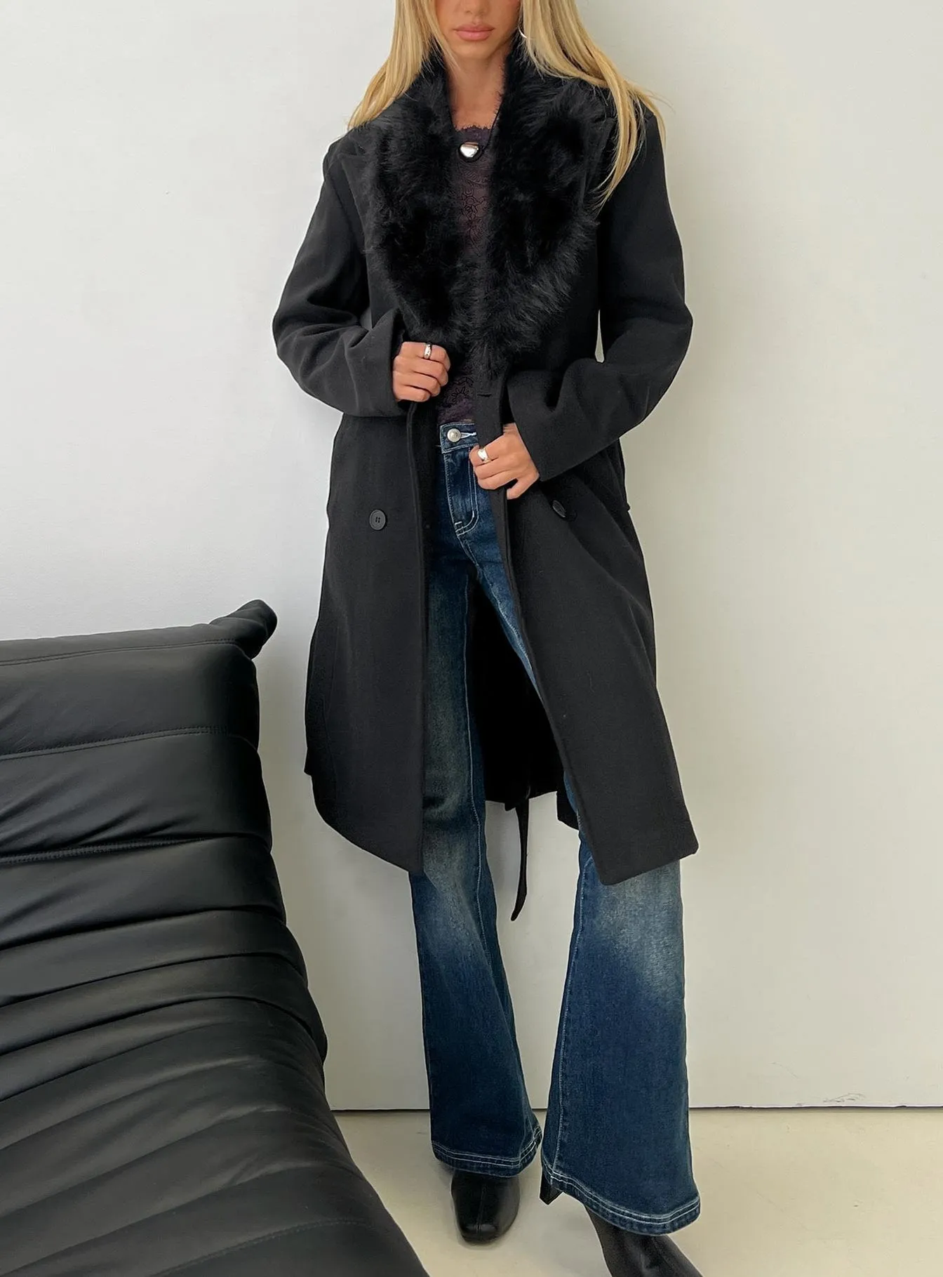Hallyn Faux Fur Collar Coat Black sold by Princess Polly