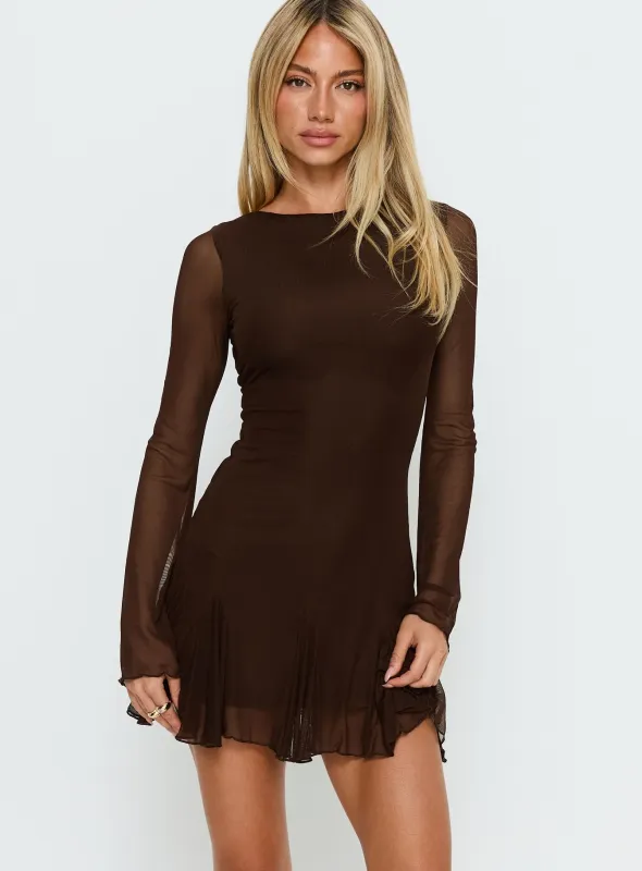 Evita Long Sleeve Pleat Mini Dress Chocolate sold by Princess Polly