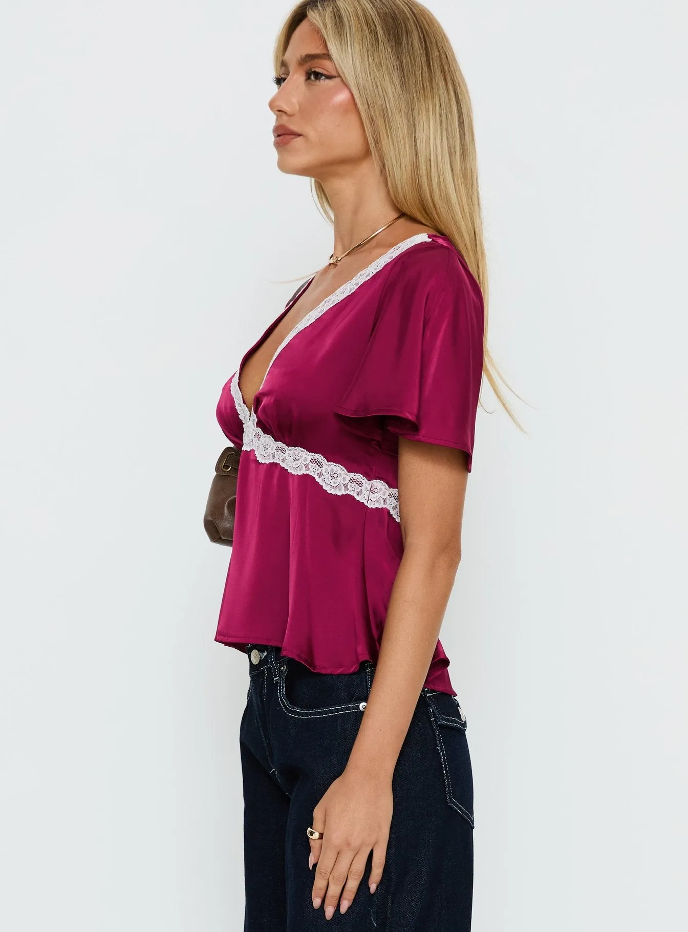 For The Summer Lace Trim Top Wine sold by Princess Polly product image thumbnail 3