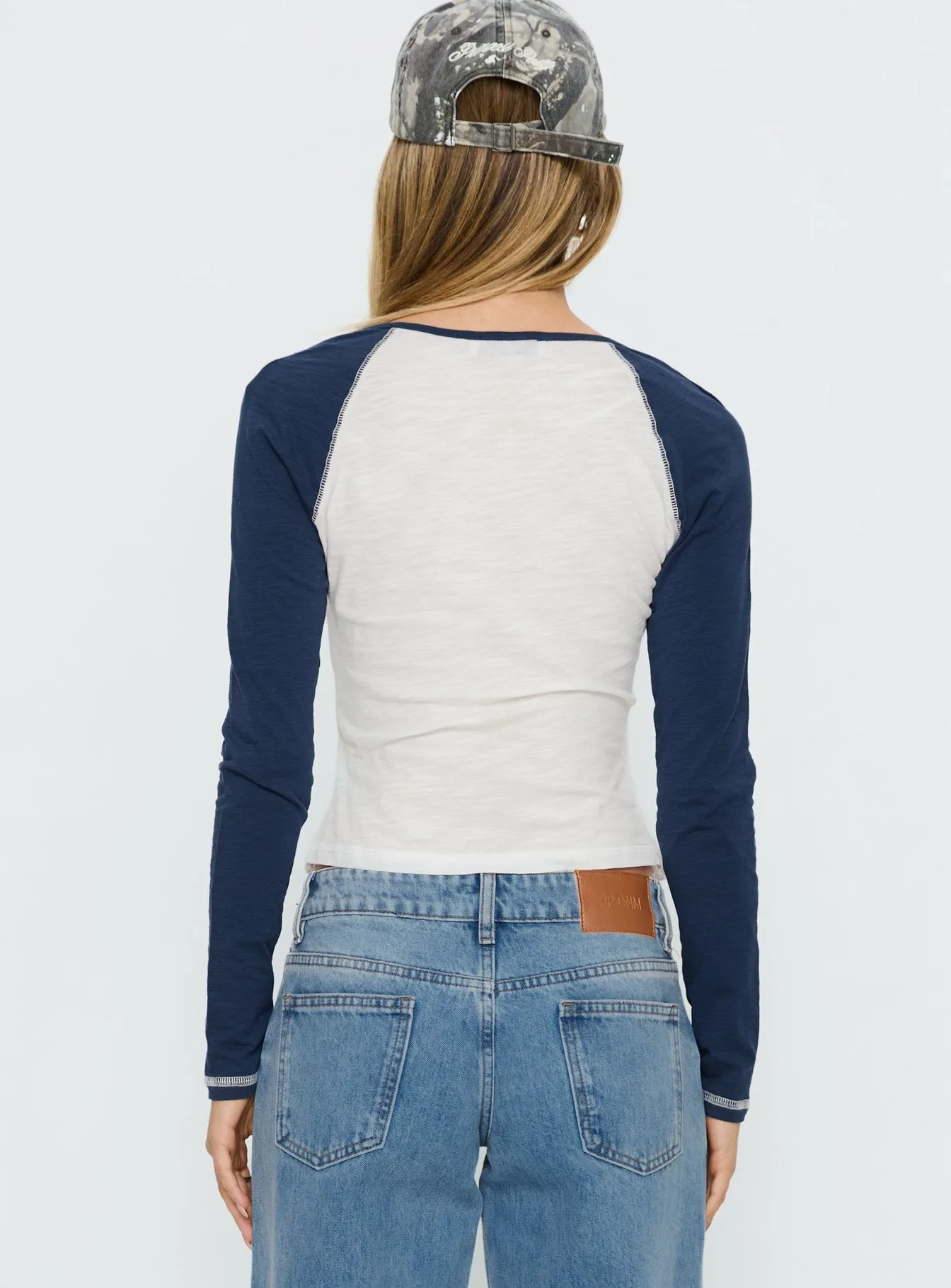 Tokyo 1990 Long Sleeve Raglan Graphic Top White / Blue sold by Princess Polly product image thumbnail 5