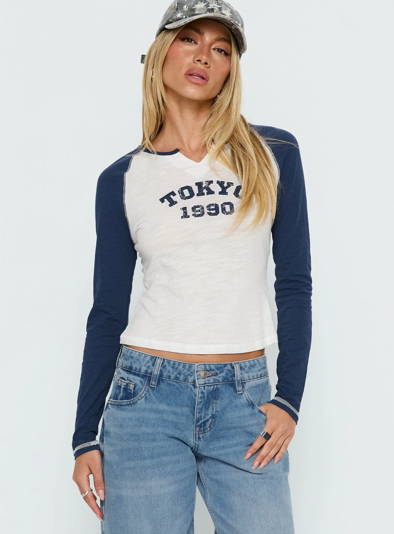 Tokyo 1990 Long Sleeve Raglan Graphic Top White / Blue sold by Princess Polly product image thumbnail 2