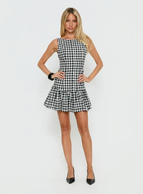 Kolbie Boat Neck Frill Mini Dress Black / White Check sold by Princess Polly