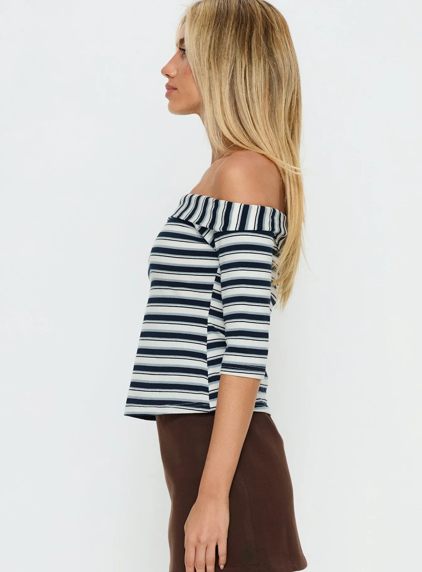 Shaylla Off Shoulder 3/4 Sleeve Top Blue Stripe sold by Princess Polly product image thumbnail 3
