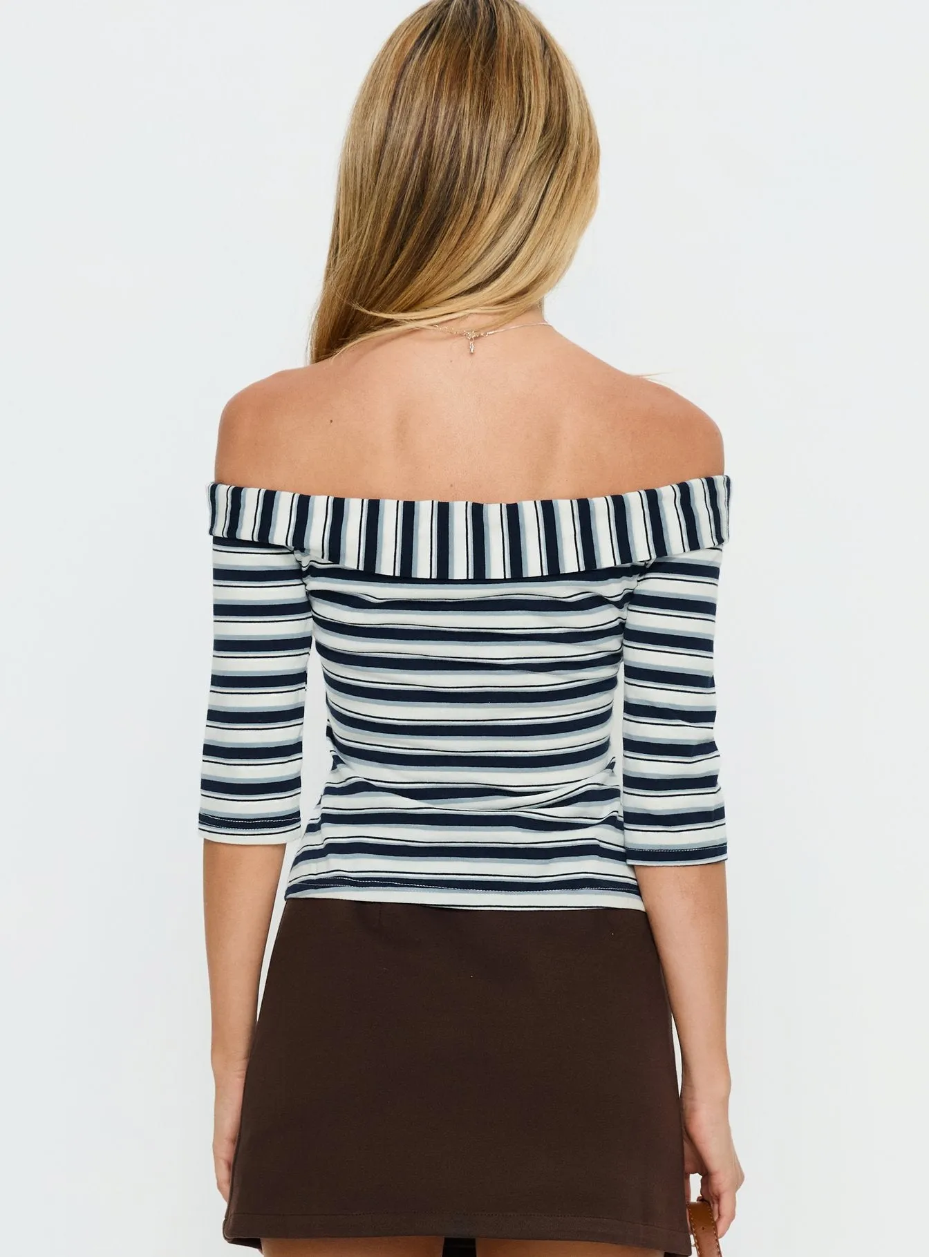 Shaylla Off Shoulder 3/4 Sleeve Top Blue Stripe sold by Princess Polly product image thumbnail 4