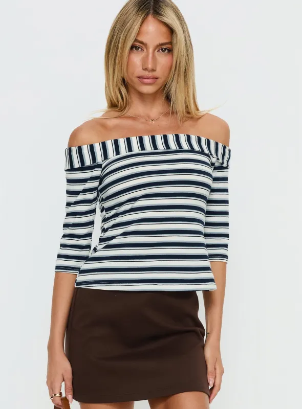 Shaylla Off Shoulder 3/4 Sleeve Top Blue Stripe sold by Princess Polly
