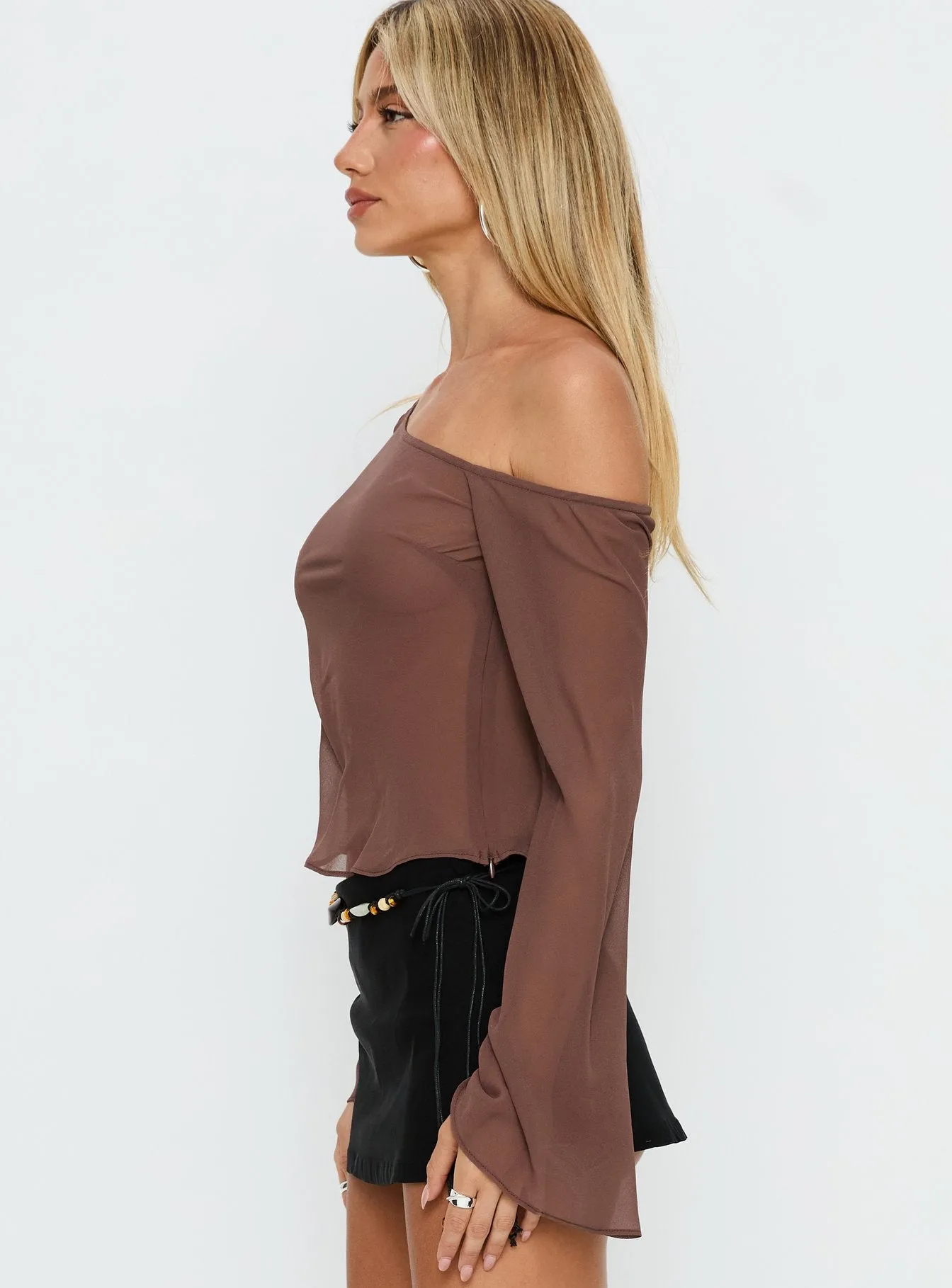 Nivara Chiffon One Shoulder Long Sleeve Top Mocha sold by Princess Polly product image thumbnail 4