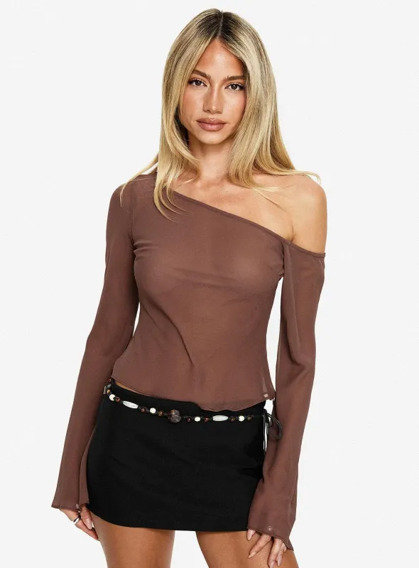 Nivara Chiffon One Shoulder Long Sleeve Top Mocha sold by Princess Polly