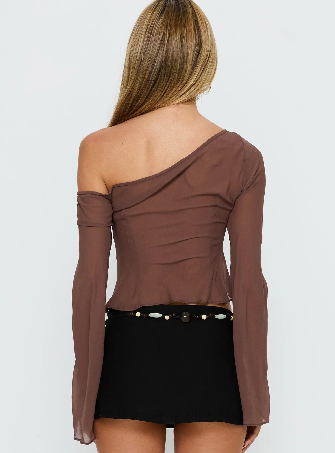 Nivara Chiffon One Shoulder Long Sleeve Top Mocha sold by Princess Polly product image thumbnail 5
