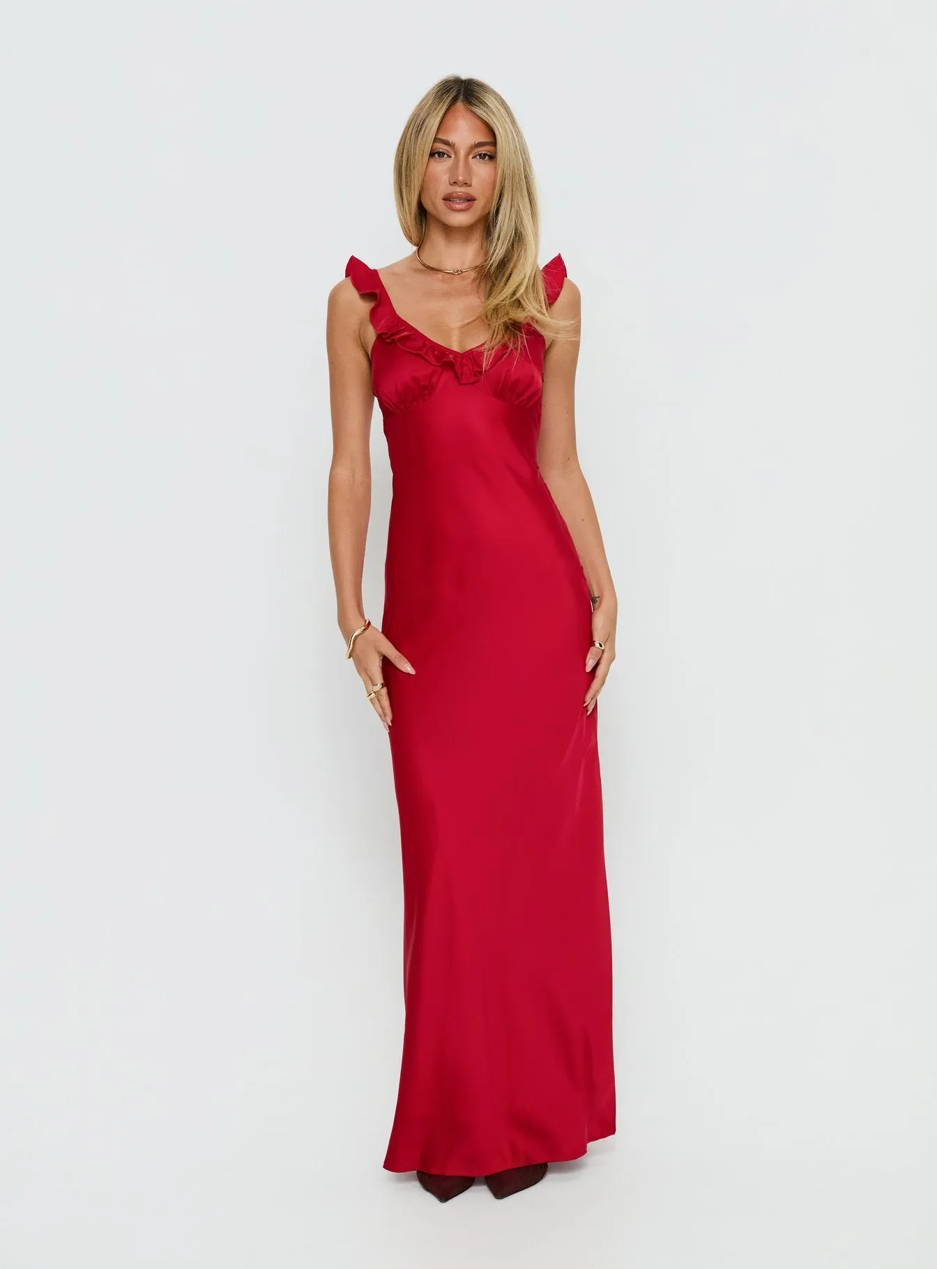 Ondrea Frill V Neck Maxi Dress Red sold by Princess Polly product image thumbnail 2