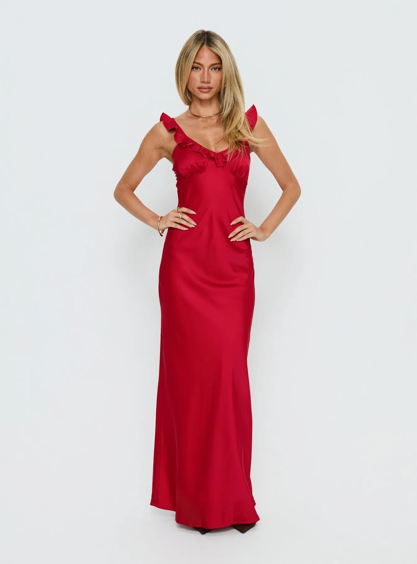 Ondrea Frill V Neck Maxi Dress Red sold by Princess Polly product image thumbnail 3
