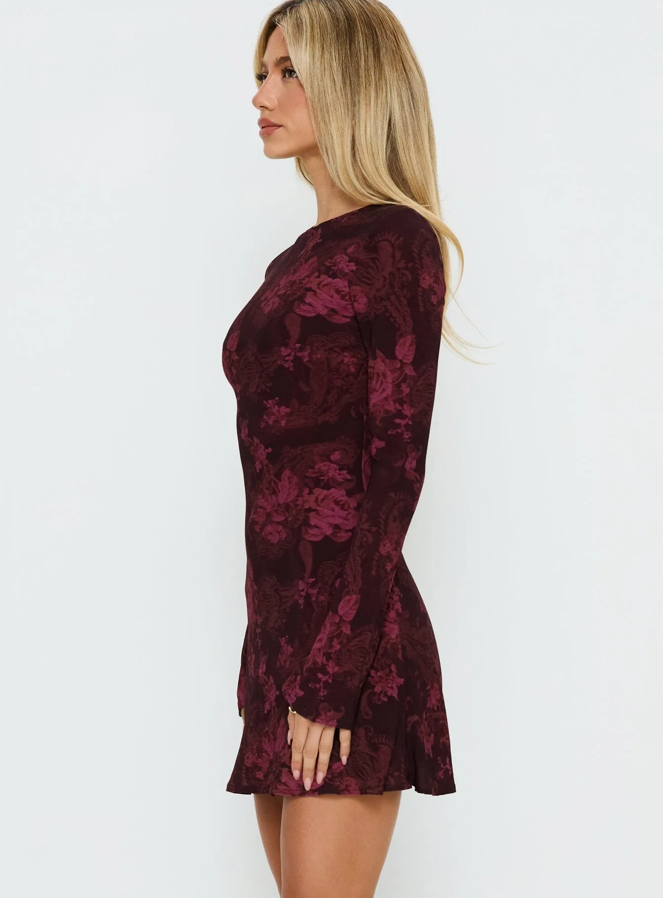 Vivre Long Sleeve Mini Dress Burgundy Paisley sold by Princess Polly product image thumbnail 4