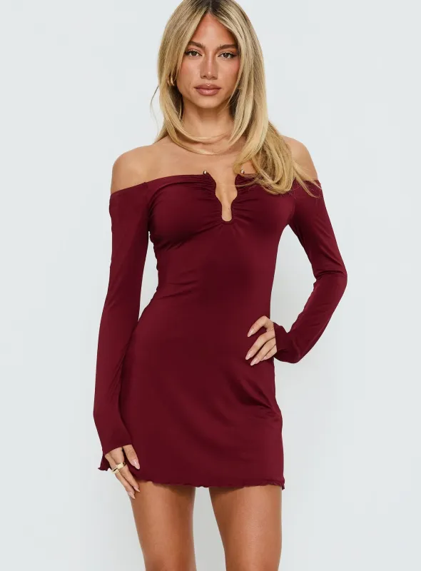 Imeralda Hardware Long Sleeve Mini Dress Burgundy sold by Princess Polly