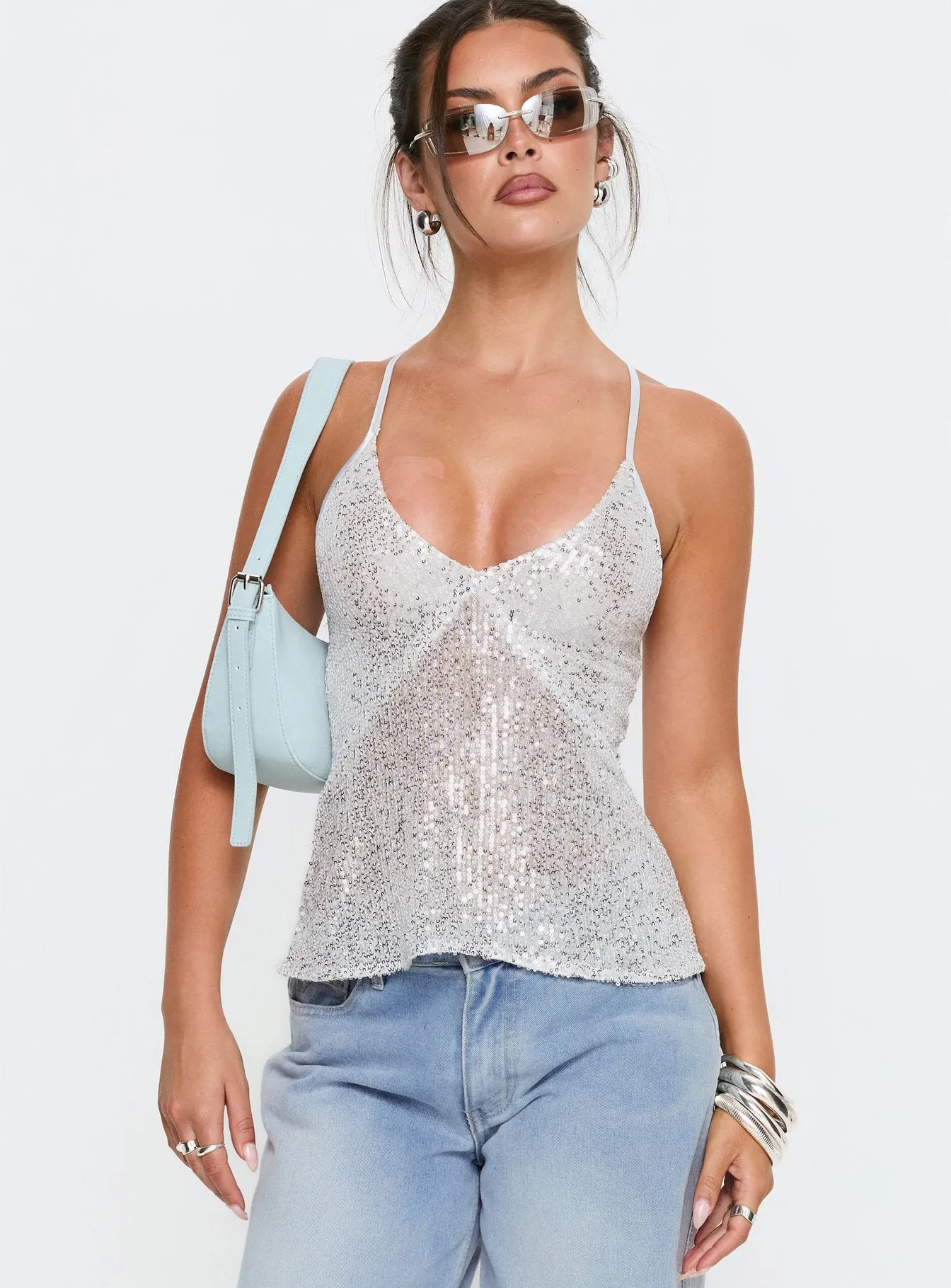 Opaline Sequin Cami Top Silver sold by Princess Polly product image thumbnail 2