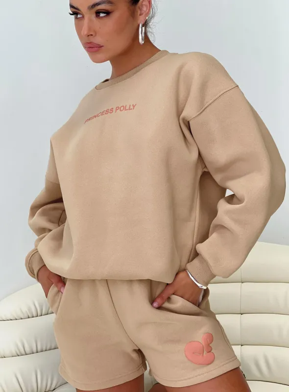 Princess Polly Crew Neck Sweatshirt Bubble Text Sand/ Pink sold by Princess Polly