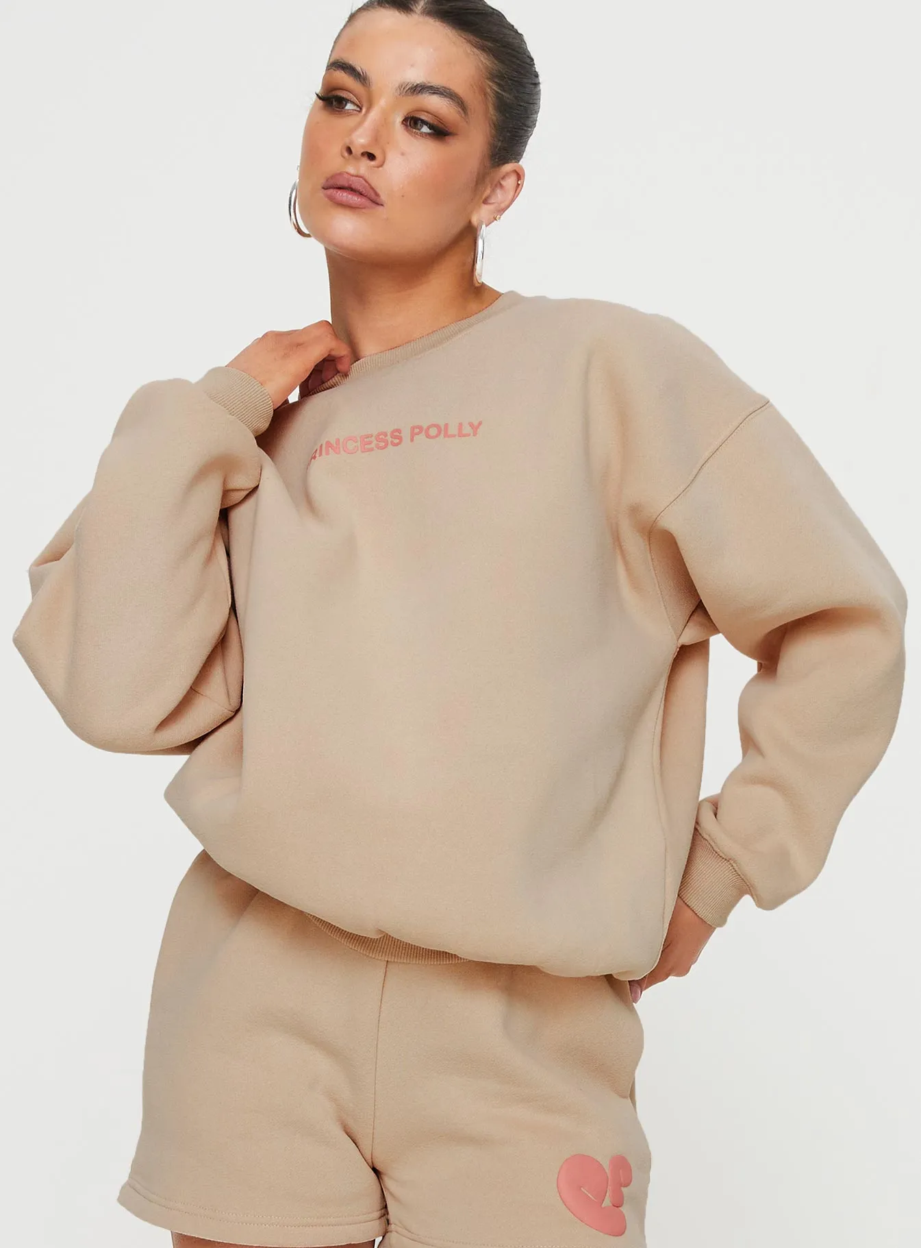 Princess Polly Crew Neck Sweatshirt Bubble Text Sand/ Pink sold by Princess Polly product image thumbnail 2