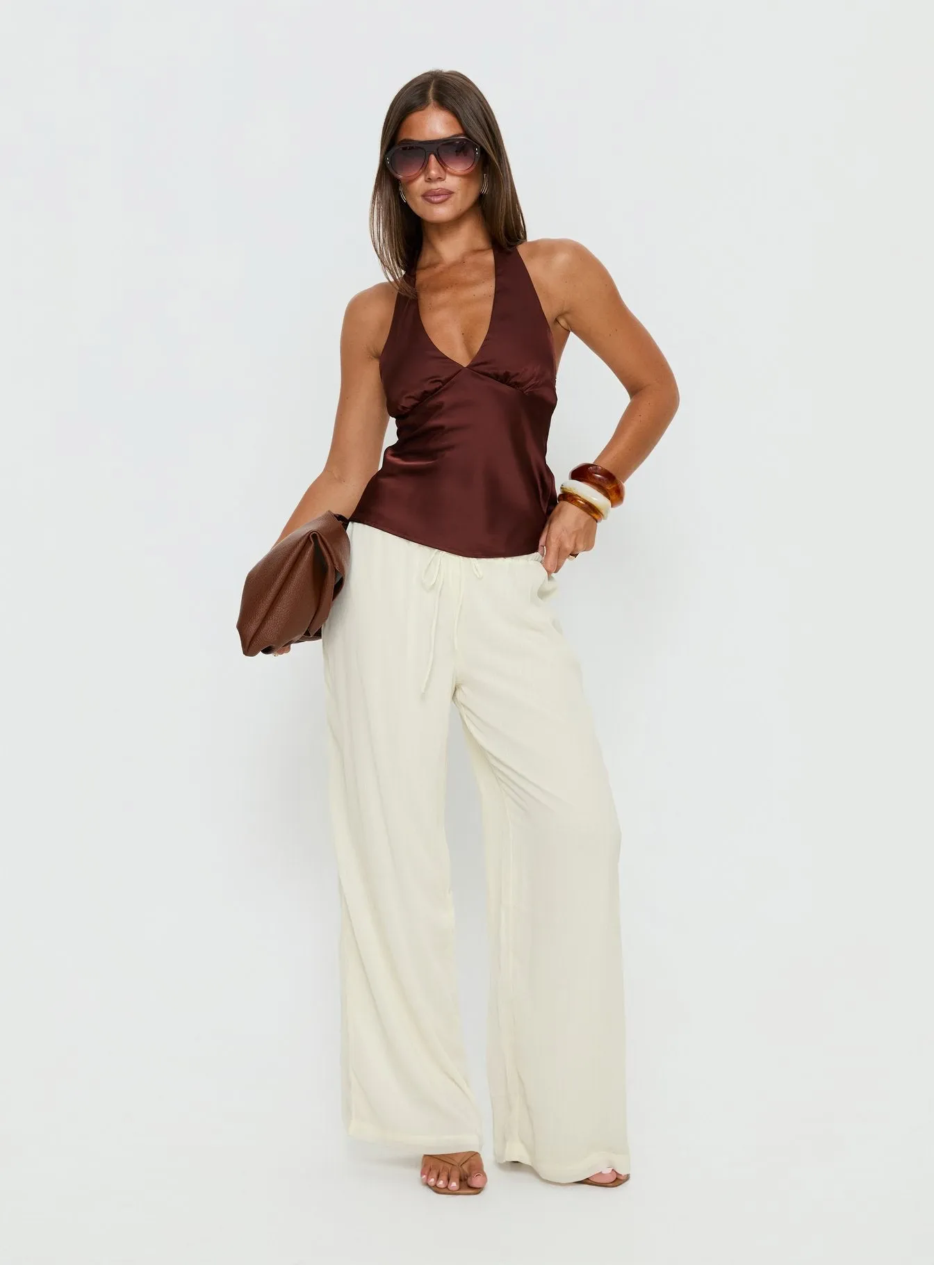 Remarkable Satin Plunge Neck Top Chocolate sold by Princess Polly product image thumbnail 3