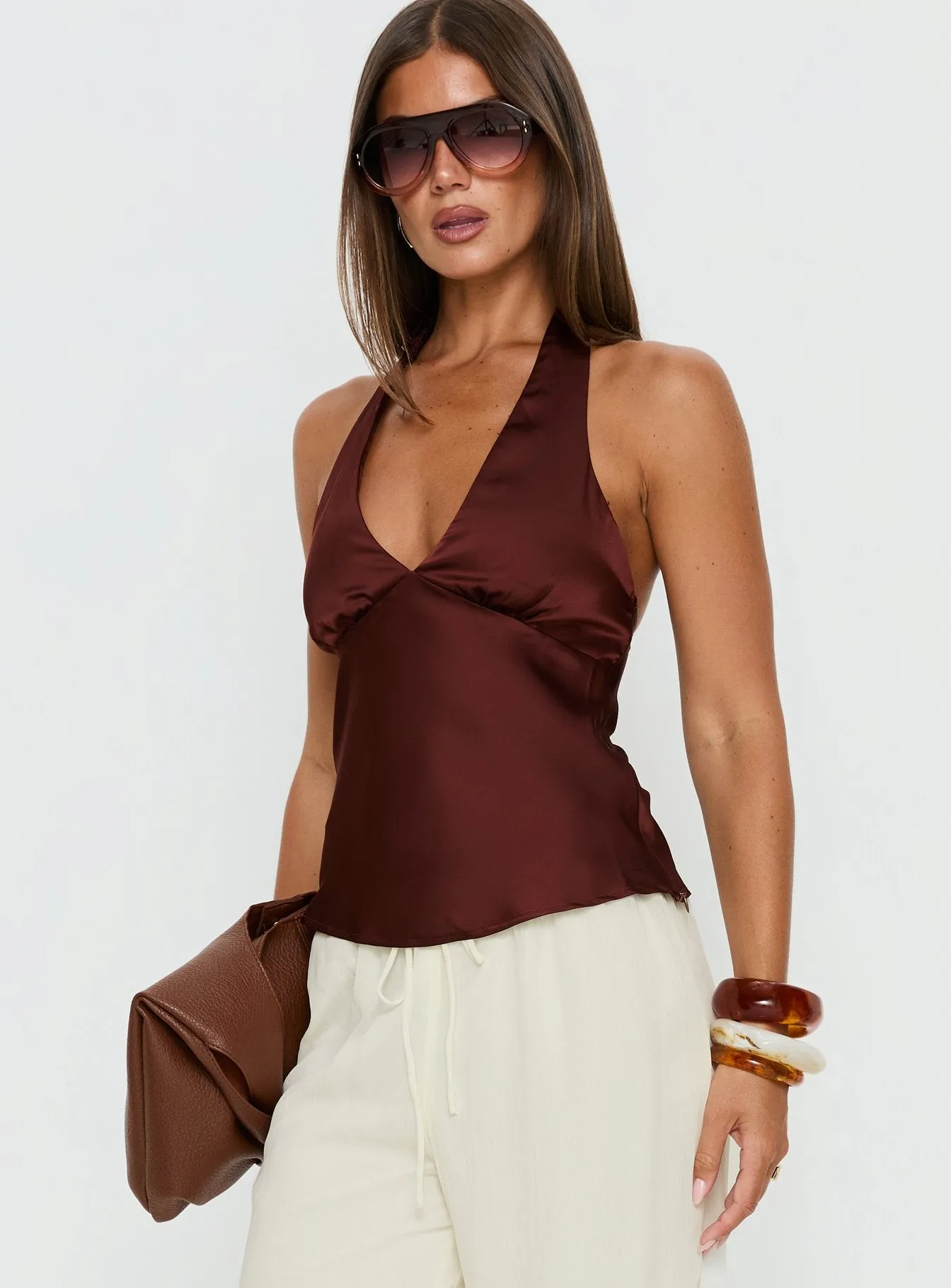 Remarkable Satin Plunge Neck Top Chocolate sold by Princess Polly product image thumbnail 4