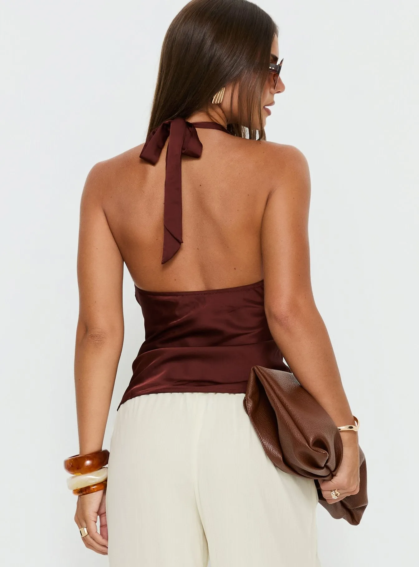 Remarkable Satin Plunge Neck Top Chocolate sold by Princess Polly product image thumbnail 5
