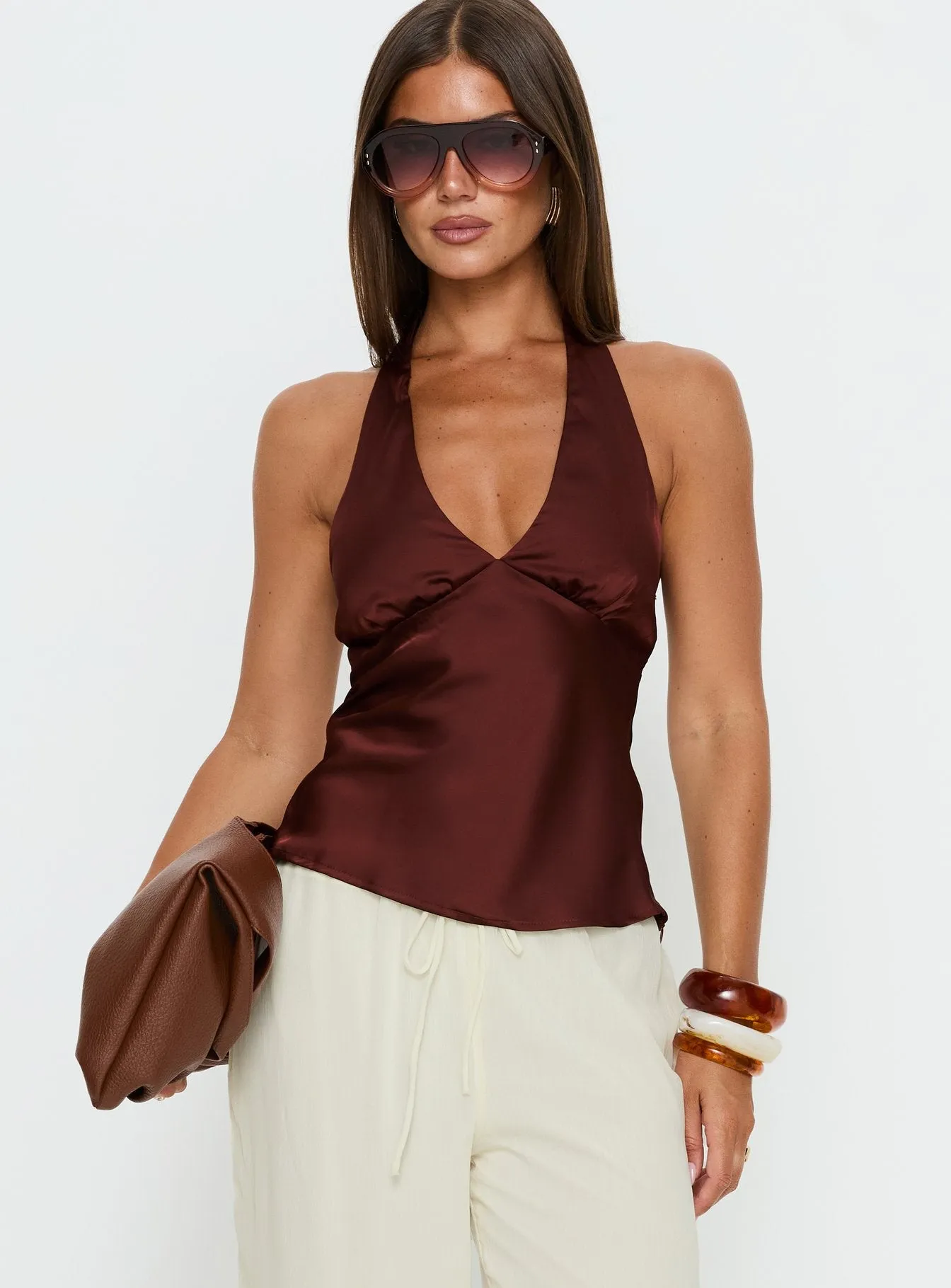 Remarkable Satin Plunge Neck Top Chocolate sold by Princess Polly product image thumbnail 2